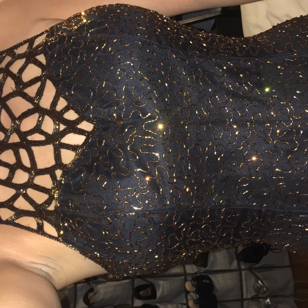 Black and gold beaded prom dress